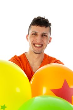 a happy birthday boy with a lot of colorful balloons