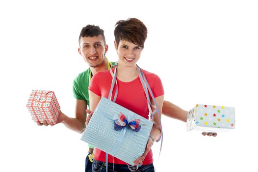 a birthdayboy and a birthdaygirl with a lot of presents an a birthdaycake