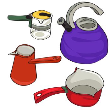 Hand drawn illustration of a collection of kitchen kettles, group of colored objects isolated on white
