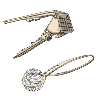 Hand drawn illustration of a garlic press and a tea strainer isolated on white 