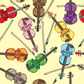 Violins colorful seamless pattern, hand drawn doodles over a yellow retro background