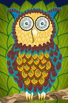 Illustration of an owl sitting on a branch with green leaves in background