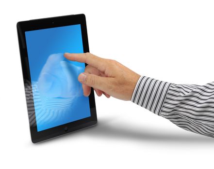Male hand touching tablet computer display, isolated on white background