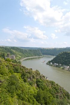 Loreley rock on the river Rhine and Katz Castle (German: Burg Katz) near St. Goarshausen, Germany