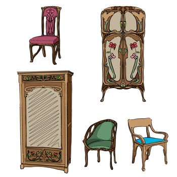 Art Nouveau colored furniture collection, hand drawn illustration of a series of chairs and wardrobes isolated on white