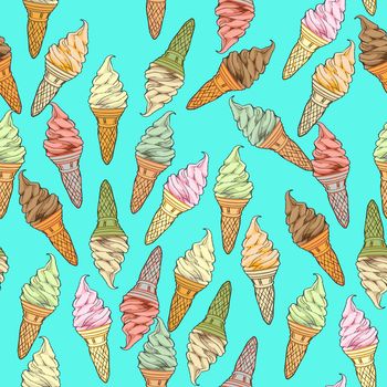 Ice cream seamless pattern, hand drawn doodles over a blue background