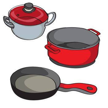 Hand drawn illustration of a collection of kitchen pans isolated on white