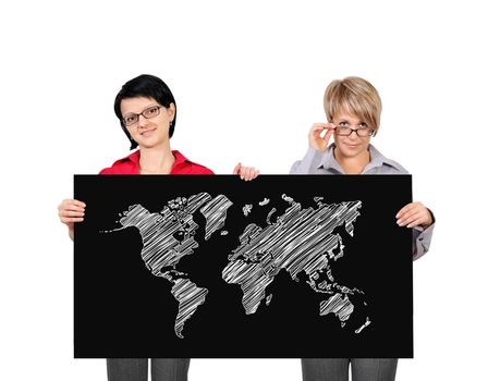 two businesswoman holding poster with wopld map