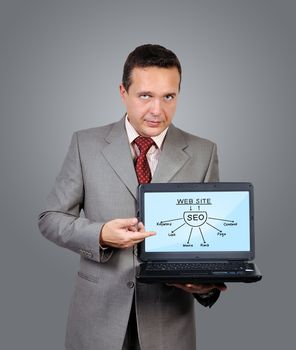 businessman holding laptop with seo scheme