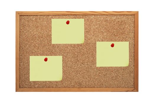 three yellow stickers clip to corkboard