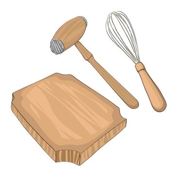 Wooden meat tenderizer on a cutting baord and a wisk, hand drawn objects isolated on white