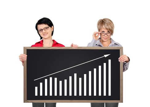 two businesswoman holding a blackboard with chart
