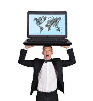 businessman screaming with laptop and world map on screen