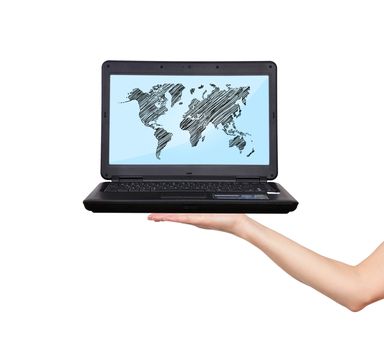 woman holding laptop with world map on a white background
