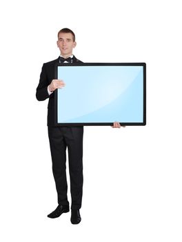 businessman in tuxedo holding blank plasma