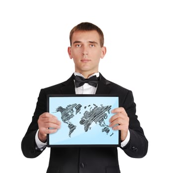businessman in tuxedo holding touch pad with world map