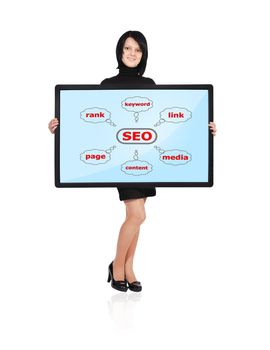 happy girl holding a plasma with seo scheme