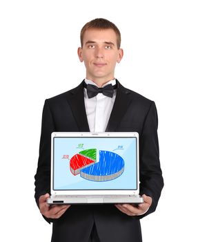 businessman in tuxedo holding laptop wirth chart