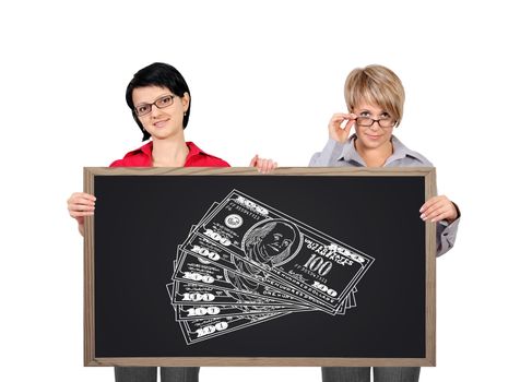 two woman holding blackboard with dollars