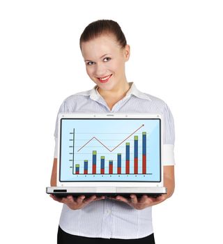 woman holding notebook with chart on a white background