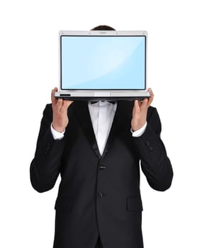 businessman holding a laptop instead of a head