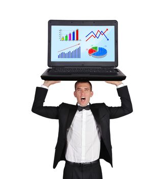 businessman screaming with laptop and chart on screen