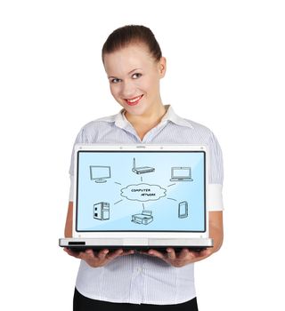 woman holding laptop with computer network
