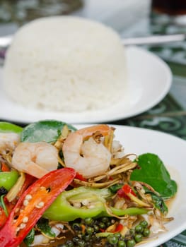 Fried herbal vegetables with mix seafood , Thai spicy cuisine