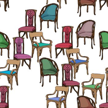 Art Nouveau colored chairs seamless pattern, hand drawn illustration of a series of chairs isolated on white