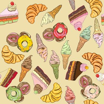 Sweets seamless pattern, hand drawn clolored doodles over a retro yellow background