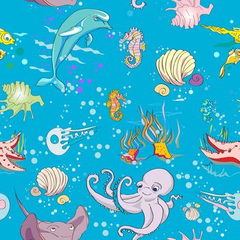Underwater life seamless pattern with fishes and sea animals, hand drawn doodles over a blue background
