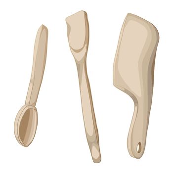Hand drawn illustration of a collection of wooden kitchen tools isolated on white