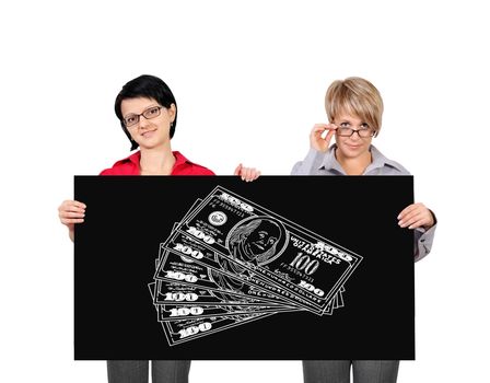 two woman holding placard with dollars