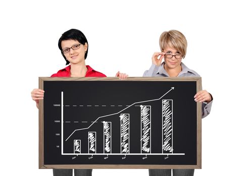 two businesswoman holding a blackboard with chart