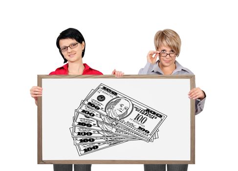 two woman holding blackboard with dollars