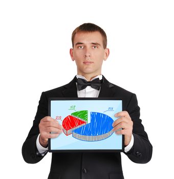 businessman in tuxedo holding tablet with business chart