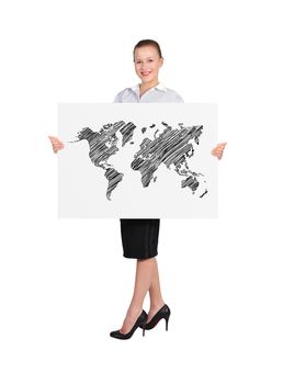 businesswoman holding poster with wopld map