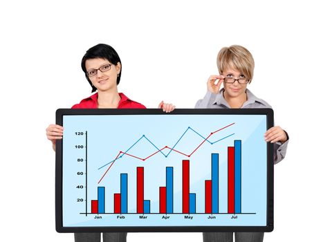 two businesswoman holding panel with graph