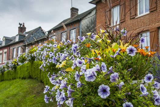 Flowers and houses in the village Lyons la Foret in Haute Normandy, France