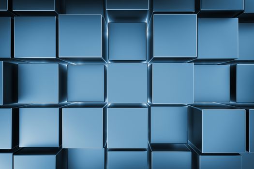 Blue metal cubes with back light, abstract background top view, 3d render