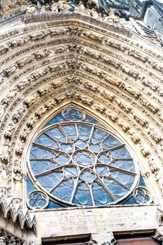 Closeup facade cathedral Notre Dame in the town Reims, France