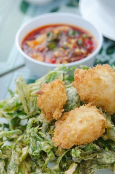 close up  crispy shrimp and crispy vegetable served with red chili sauce  , asian style cuisine