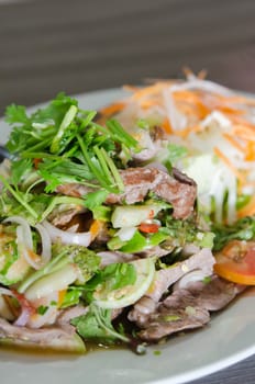 close up Spicy salad of roasted beef served with fresh vegetable  , Thai spicy salad