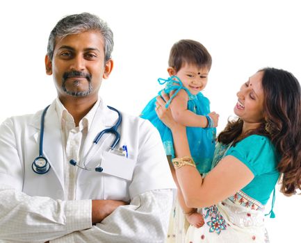 Smiling Indian medical doctor and patient family. Health care concept. Isolated on white background.