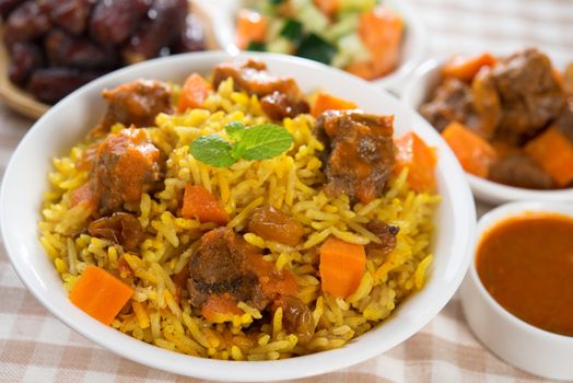 Arab rice, Ramadan food in middle eastern, served with tandoor mutton and arab salad.