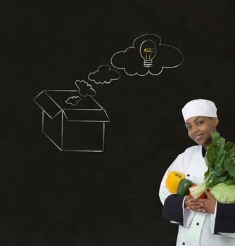 African or African American woman chef thinking out the box chalk concept blackboard background