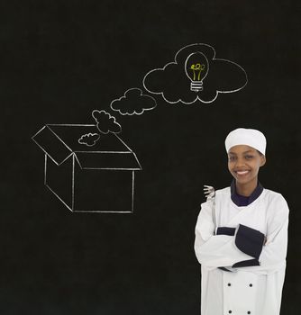 African or African American woman chef thinking out the box chalk concept blackboard background