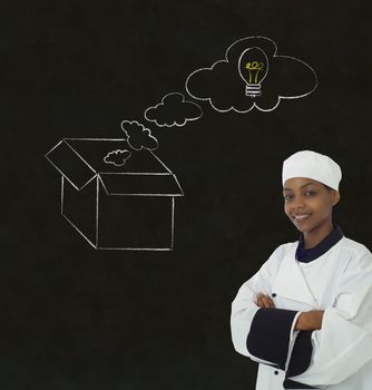 African or African American woman chef thinking out the box chalk concept blackboard background