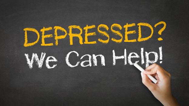 A person drawing and pointing at a Depressed we can help Chalk Illustration