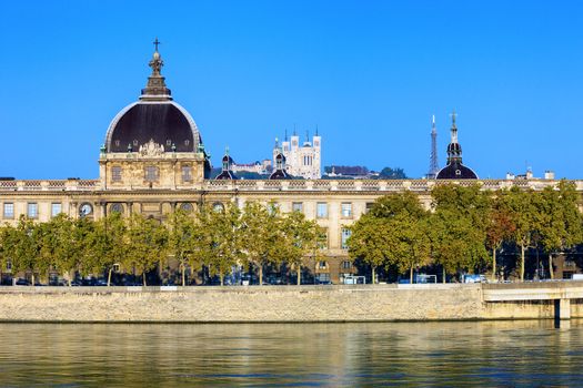 Horizontal view of Rhone river, Lyon, France